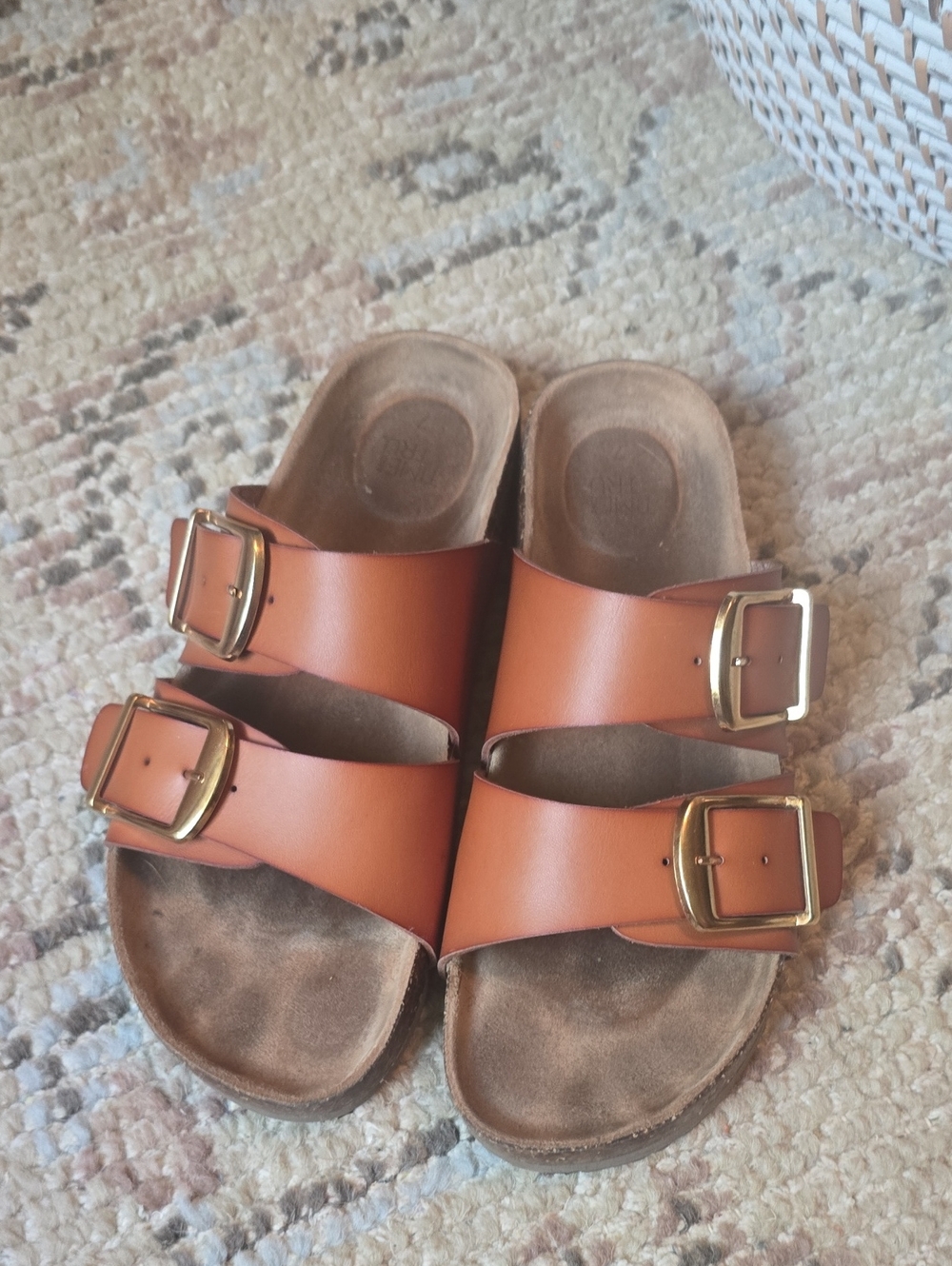 Time and Tru Tan Double-Buckle Slide Sandals with Gold Buckles